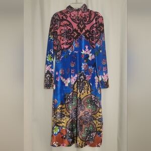 Anthropologie Slim High Neck Vibrant Floral Long Sleeve Dress - Blue and Pink